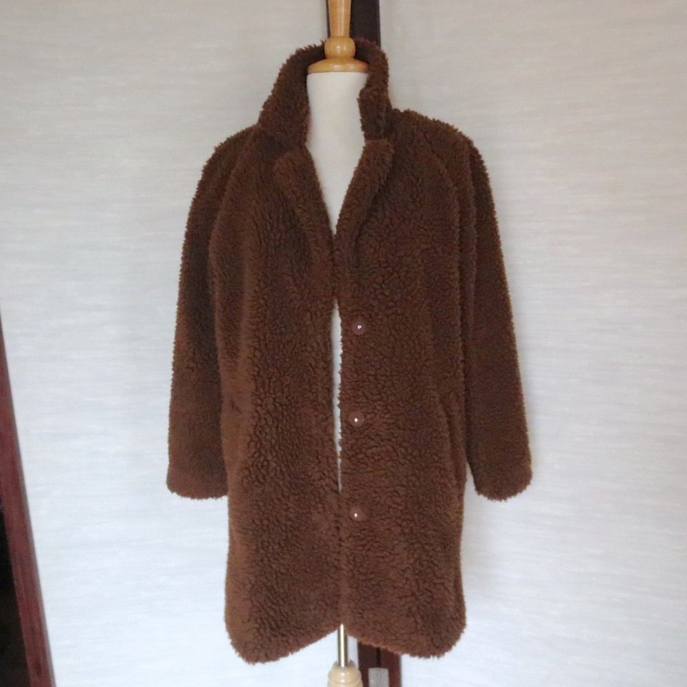 ONLY Chestnut Brown Teddy Sherpa Winter Cocoon Coat with Snap Buttons